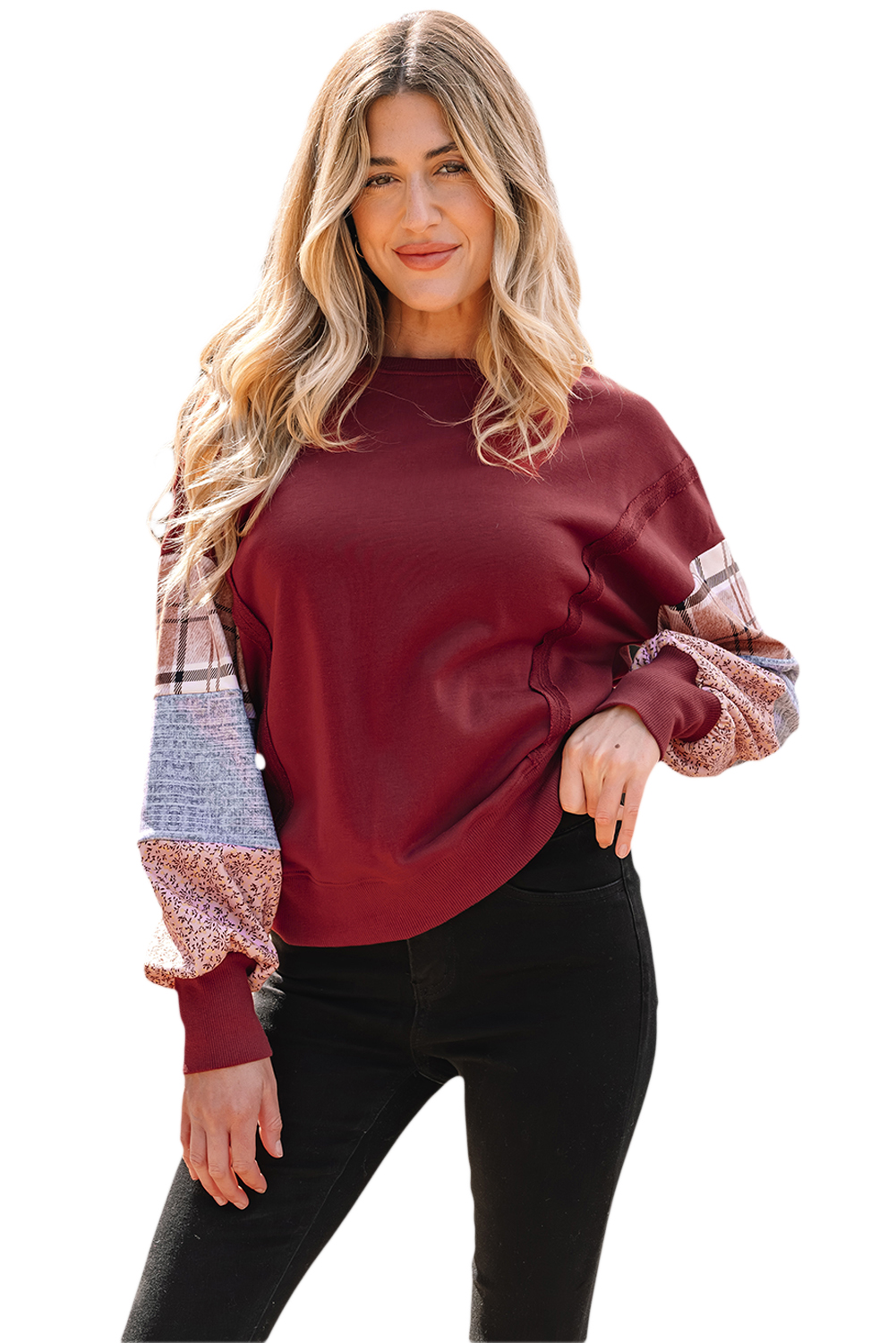 Red Sandalwood Plaid Colorblock Patchwork Sleeve Raw Seam Sweatshirt - Image 16