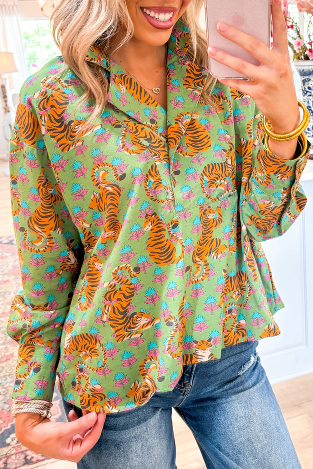 Green Tiger Floral Printed Collared V Neck Casual Shirt - Image 2