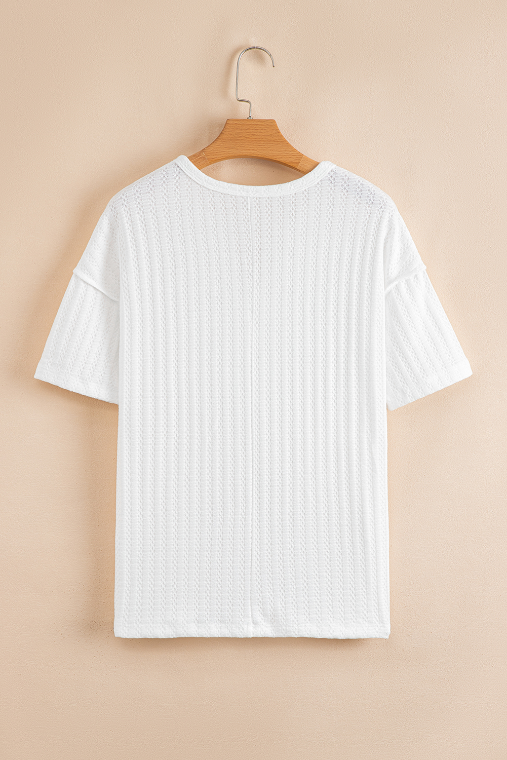 White Textured Hollow Grommet Placket Split Neck Short Sleeve Top - Image 4