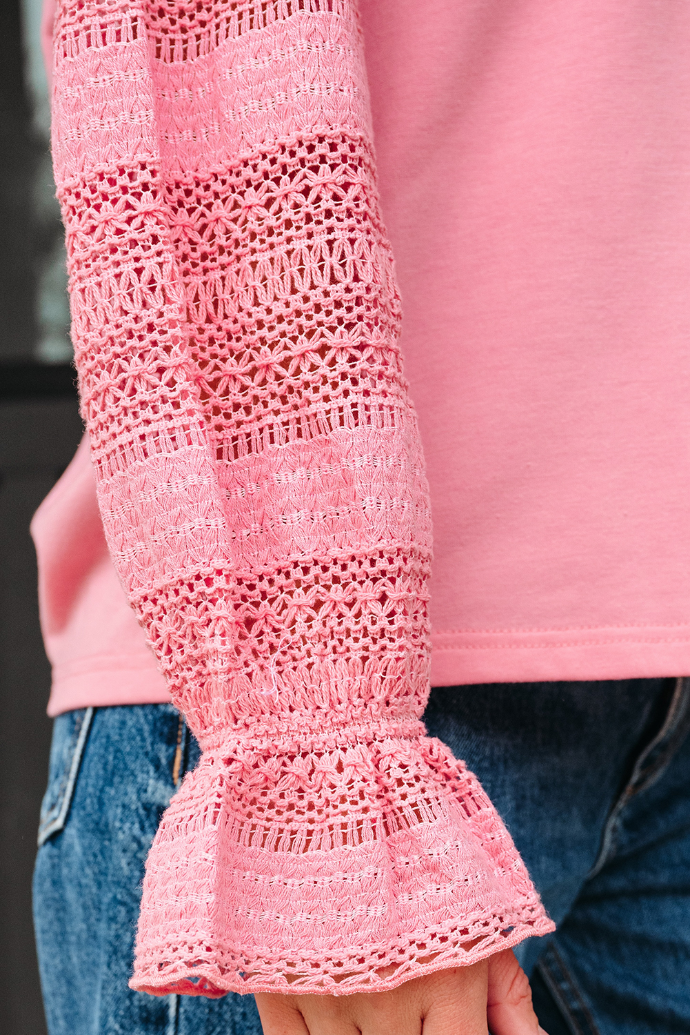 Sachet Pink Drop Shoulder Lace Ruffled Sleeve Patchwork Loose Sweatshirt - Image 8