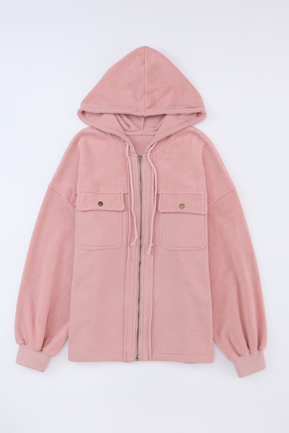 Pink Flap Pocket Drawstring Hood Zip Up Jacket - Image 5