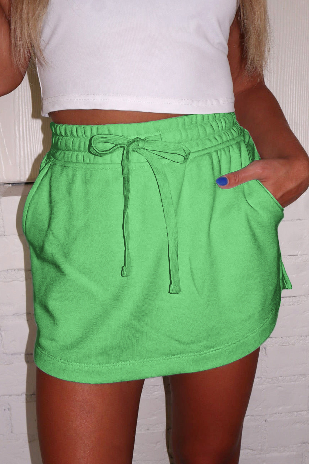 Light Green French Terry Drawstring Elastic Waistband Mini Skort with Pockets - Image 3