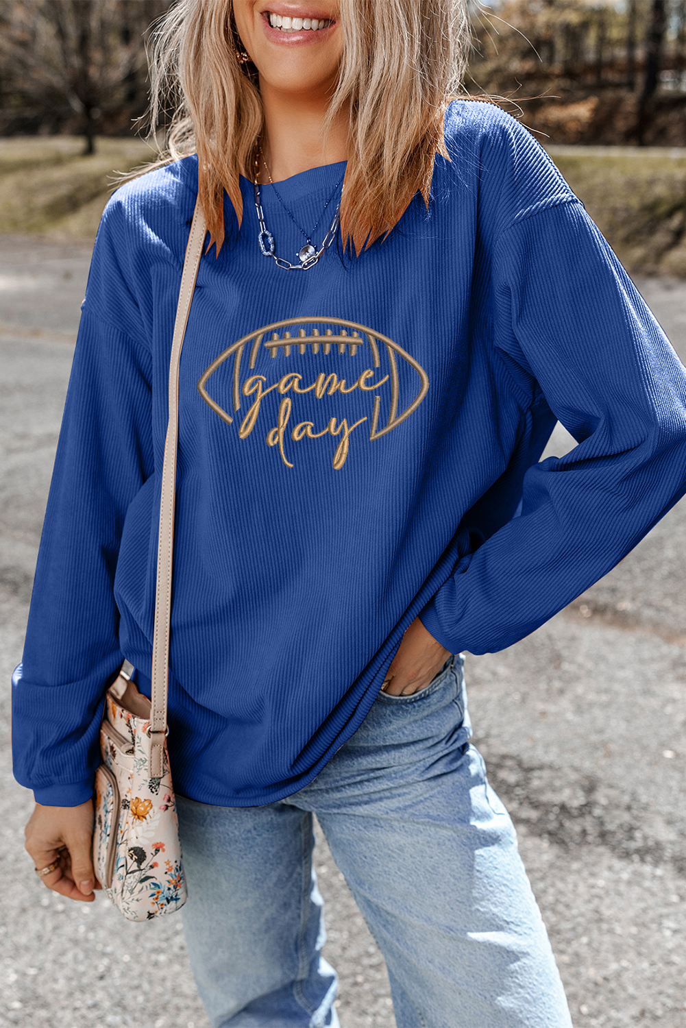 Dark Blue Rugby Game Day Embroidered Corduroy Sweatshirt - Image 2