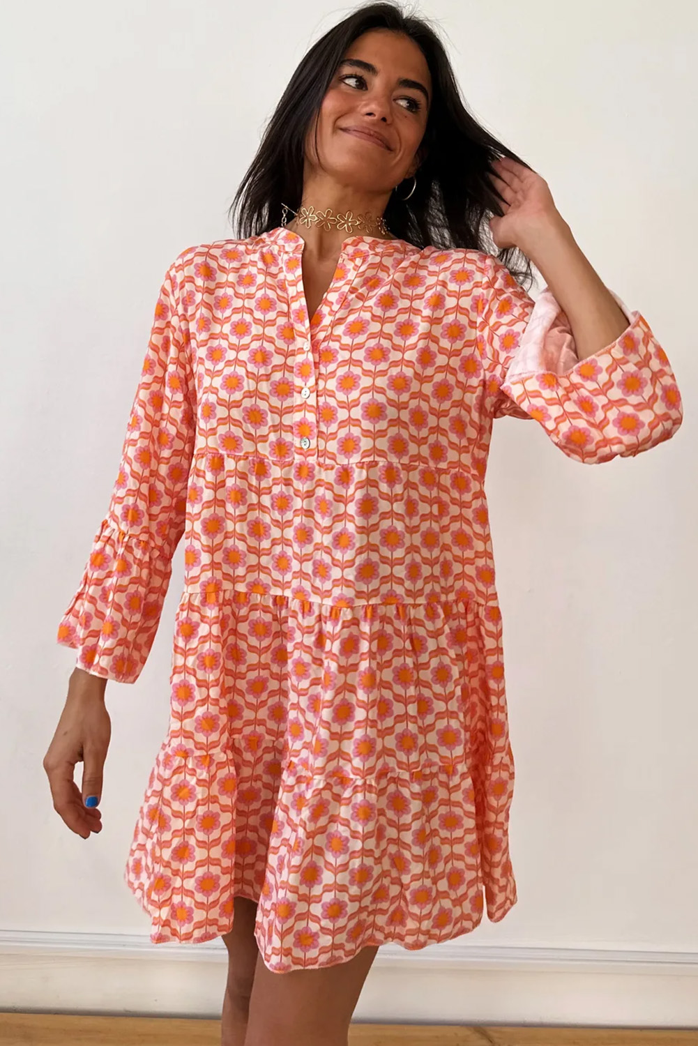 Orange Floral Print Flounce Sleeve Buttoned Front Mini Dress - Image 5