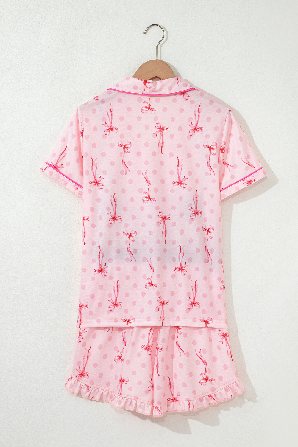 Pink Bow Print Contrast Pipping Short Pajamas Set - Image 5