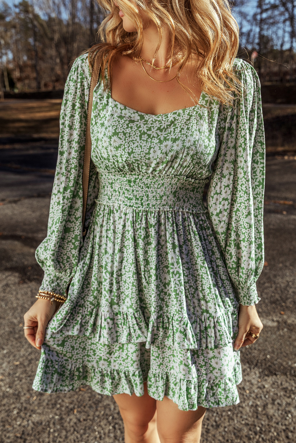 Green Floral Print Square Neck Shirred Waist Tiered Ruffled Mini Dress - Image 4