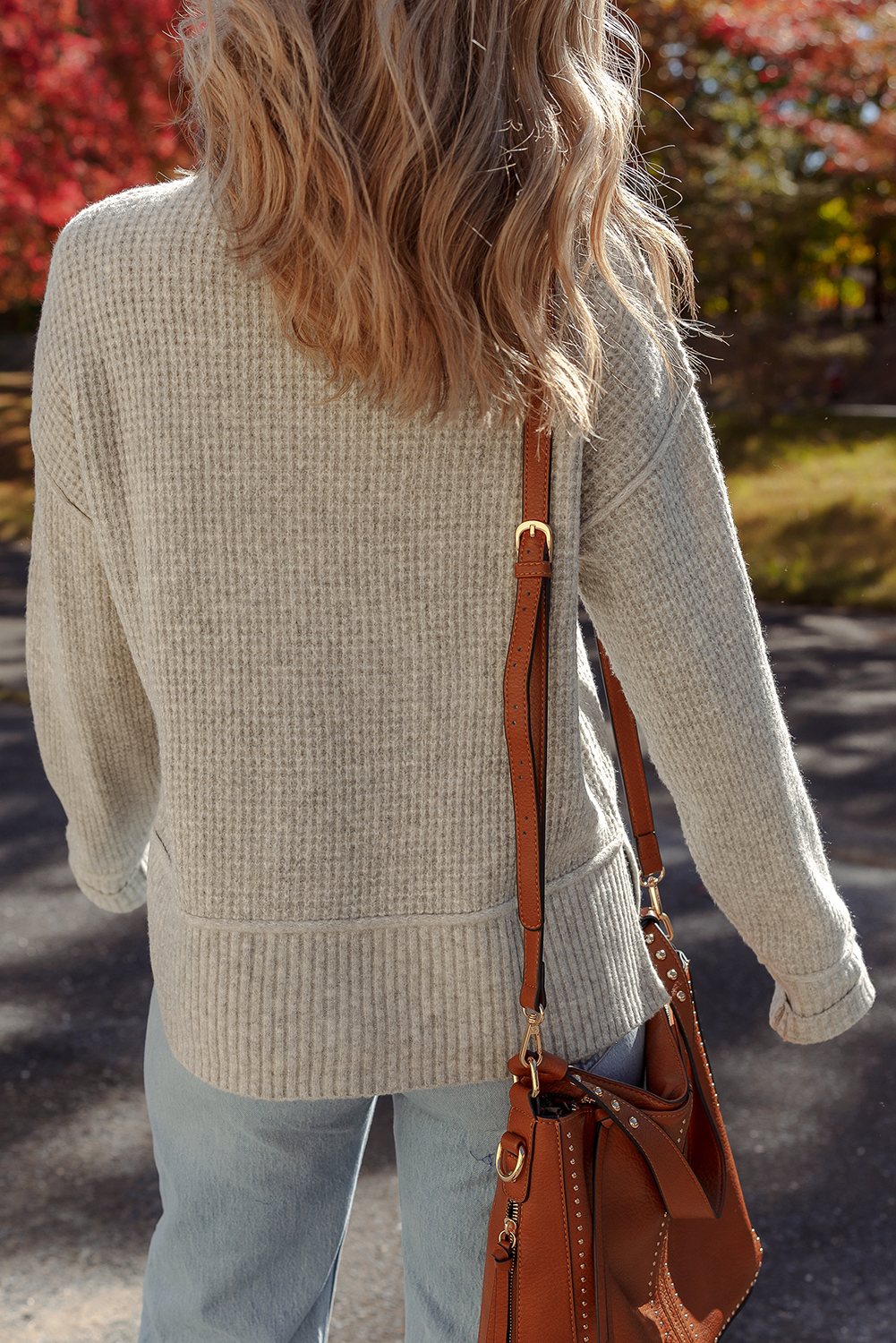 Gray Morn Waffle Texture Knit Ribbed High Neck Drop Shoulder Sweater - Image 2