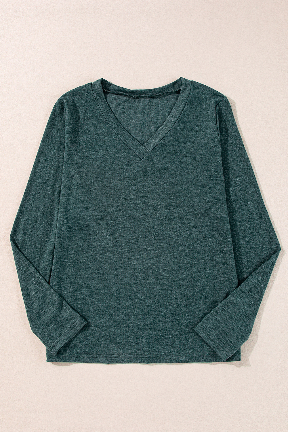 Mist Green Solid Color Long Sleeve V Neck Top - Image 2