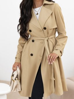 Pale Khaki Solid Color Lapel Collar Waist Tie Wind Coat