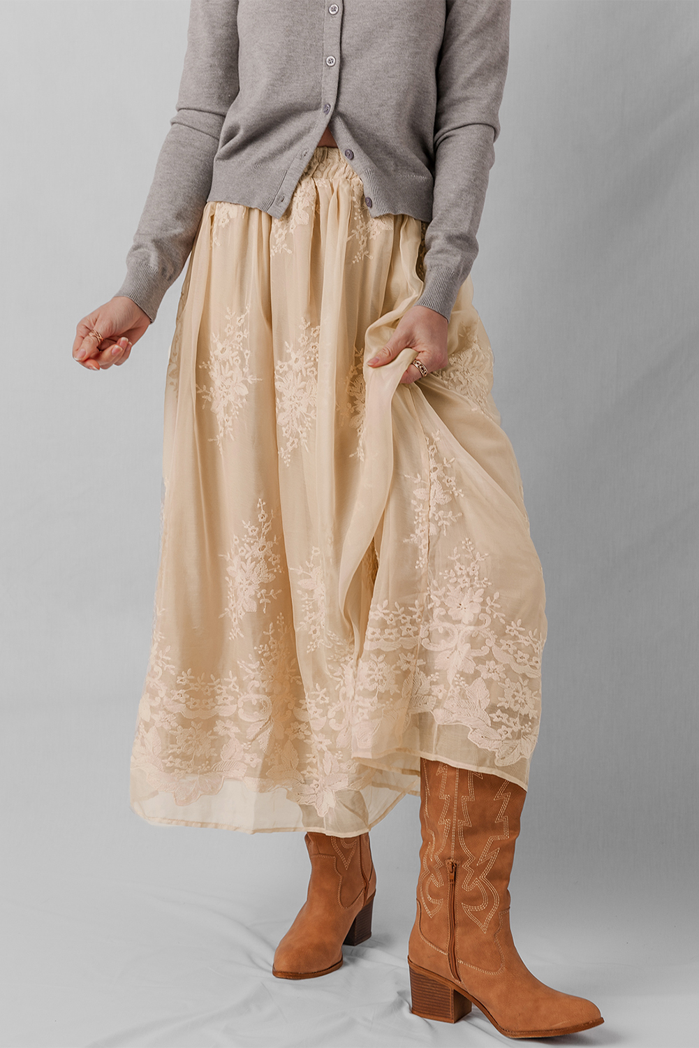 Oatmeal Embroidered Mesh Overlay Flowy Long Skirt - Image 6