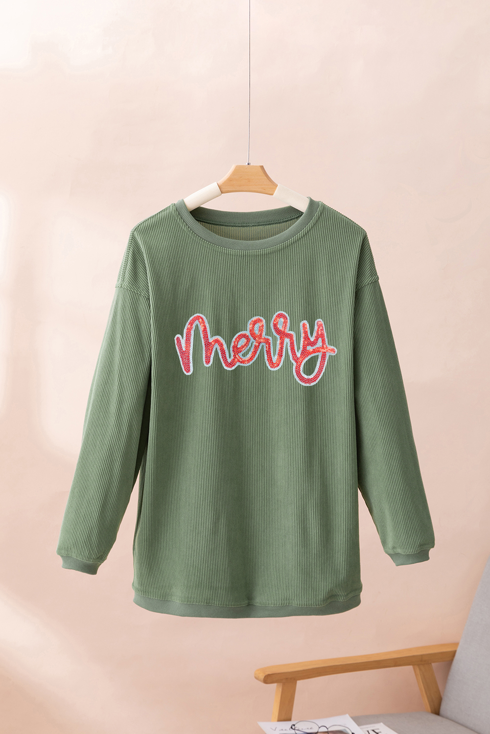 Grass Green Sequined merry Letter Graphic Twisted Ribbed Baggy Sweatshirt - Image 8
