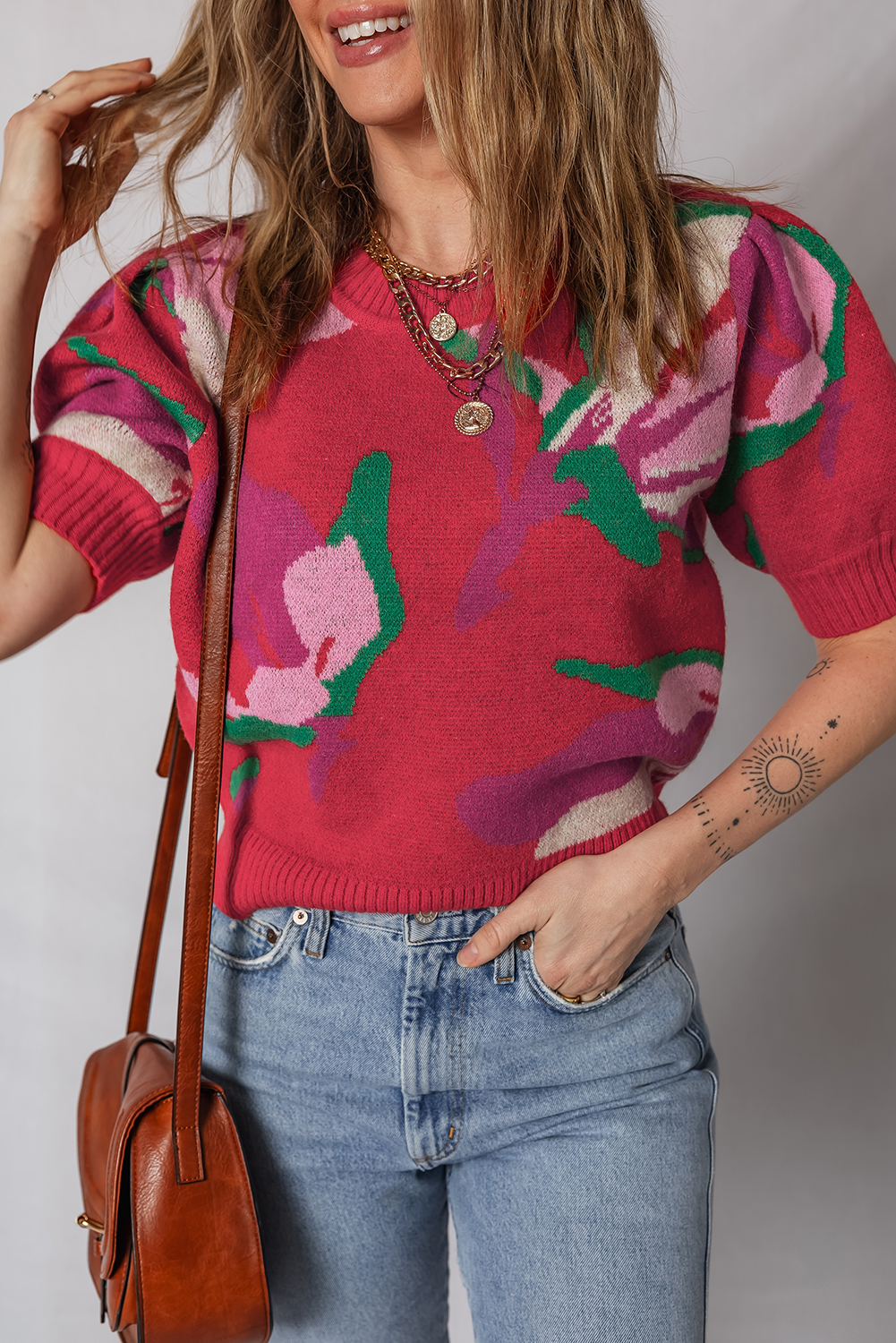 Red Floral Abstract Print Short Puff Sleeve Sweater - Image 6