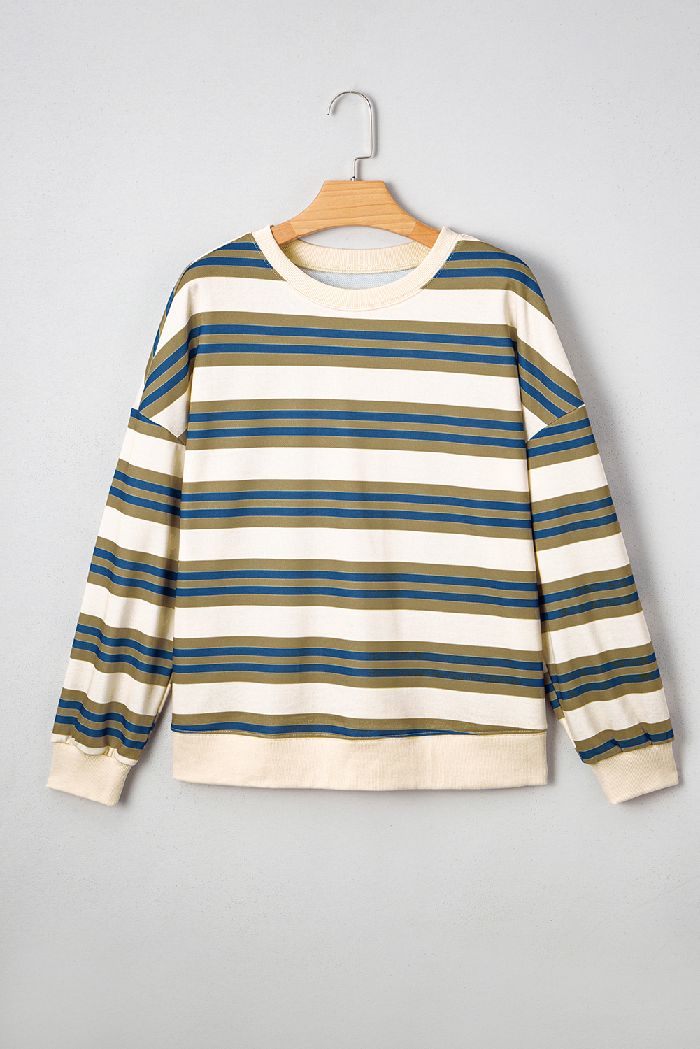 Khaki Stripe Crew Neck Drop Shoulder Pullover Sweatshirt - Image 8