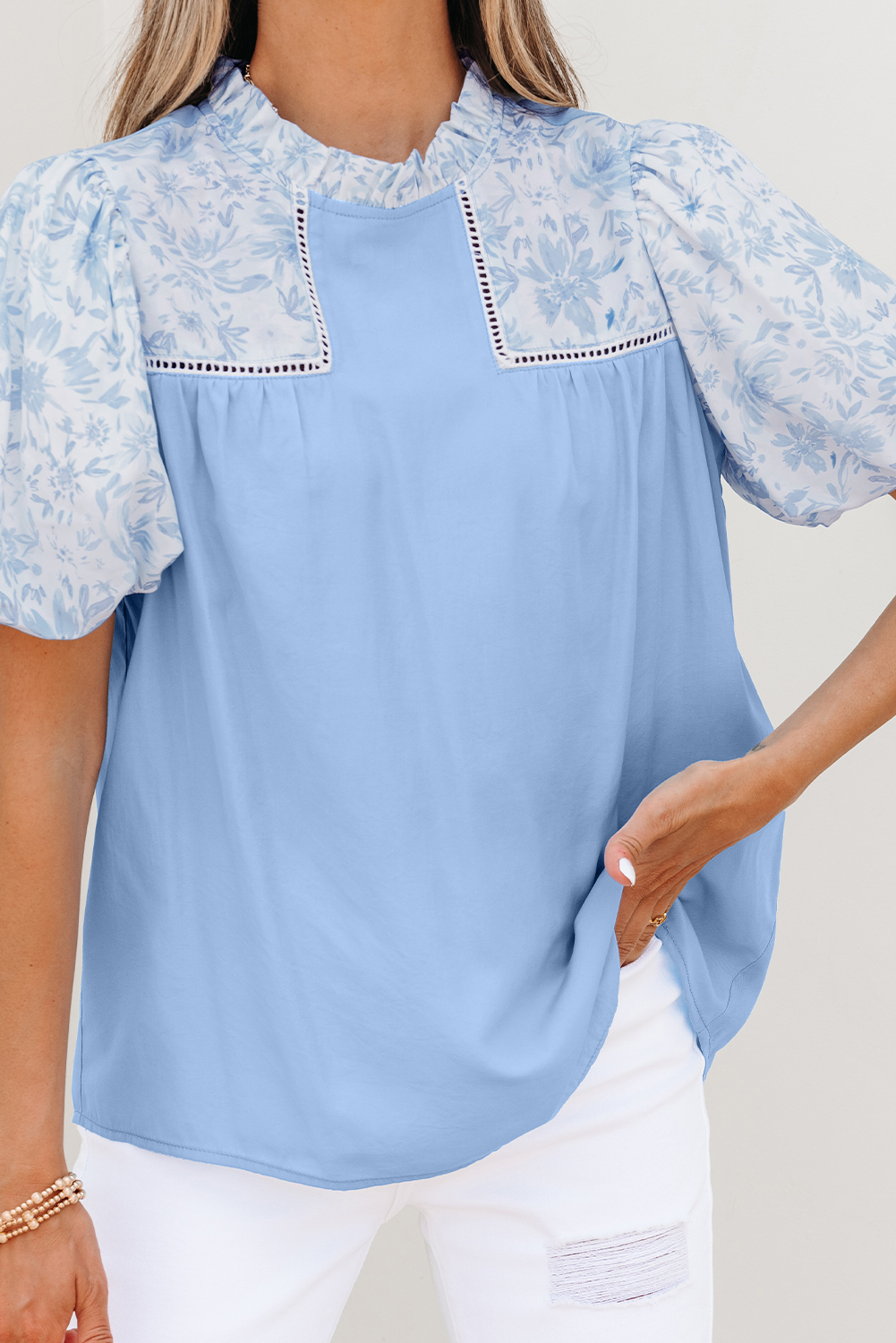 Beau Blue Lace Insert Floral Puff Sleeve Patchwork Loose Blouse - Image 7