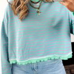 Green Stripe Exposed Seam Contrast Ribbed Trim Oversize Sweatshirt