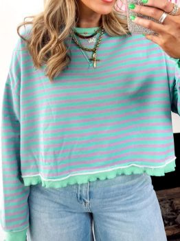 Green Stripe Exposed Seam Contrast Ribbed Trim Oversize Sweatshirt