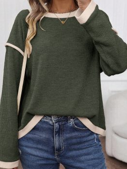 Four Leaf Clover Contrast Color Trim Knit Drop Shoulder Loose Top
