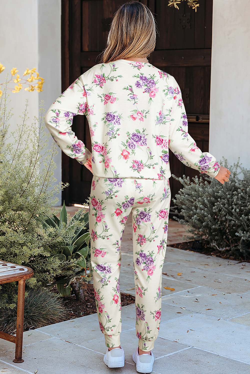 Apricot Floral Print Pullover Drawstring Lounge Pants Set - Image 2