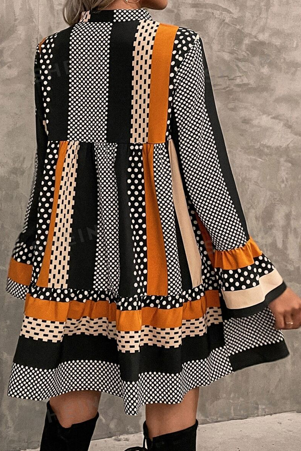 Black Striped Polka Dot Print Ruffled Hem V Neck Mini Dress - Image 2