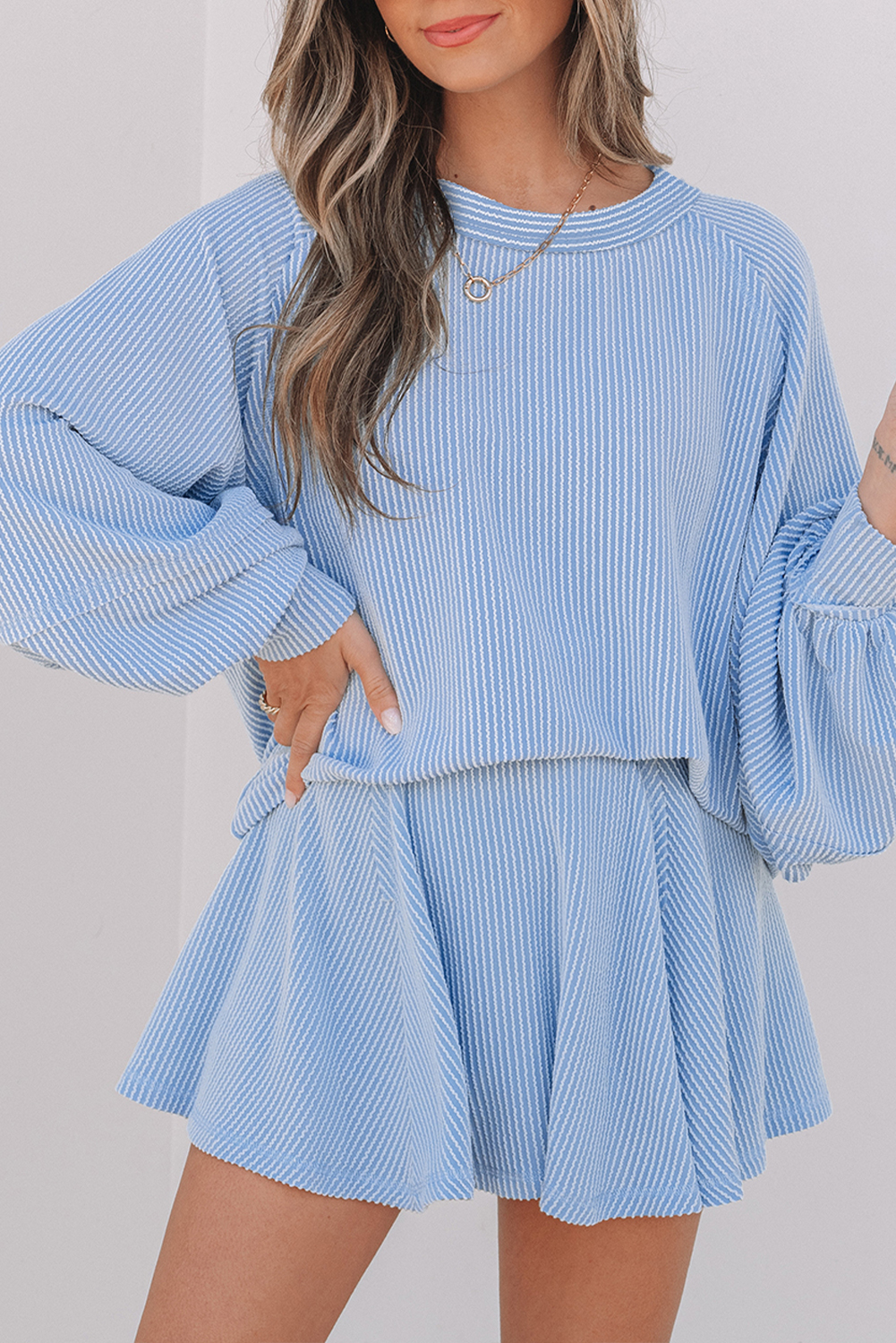Sky Blue Corded Lantern Sleeve Top High Waist Ruffled Mini Skirt Set - Image 8