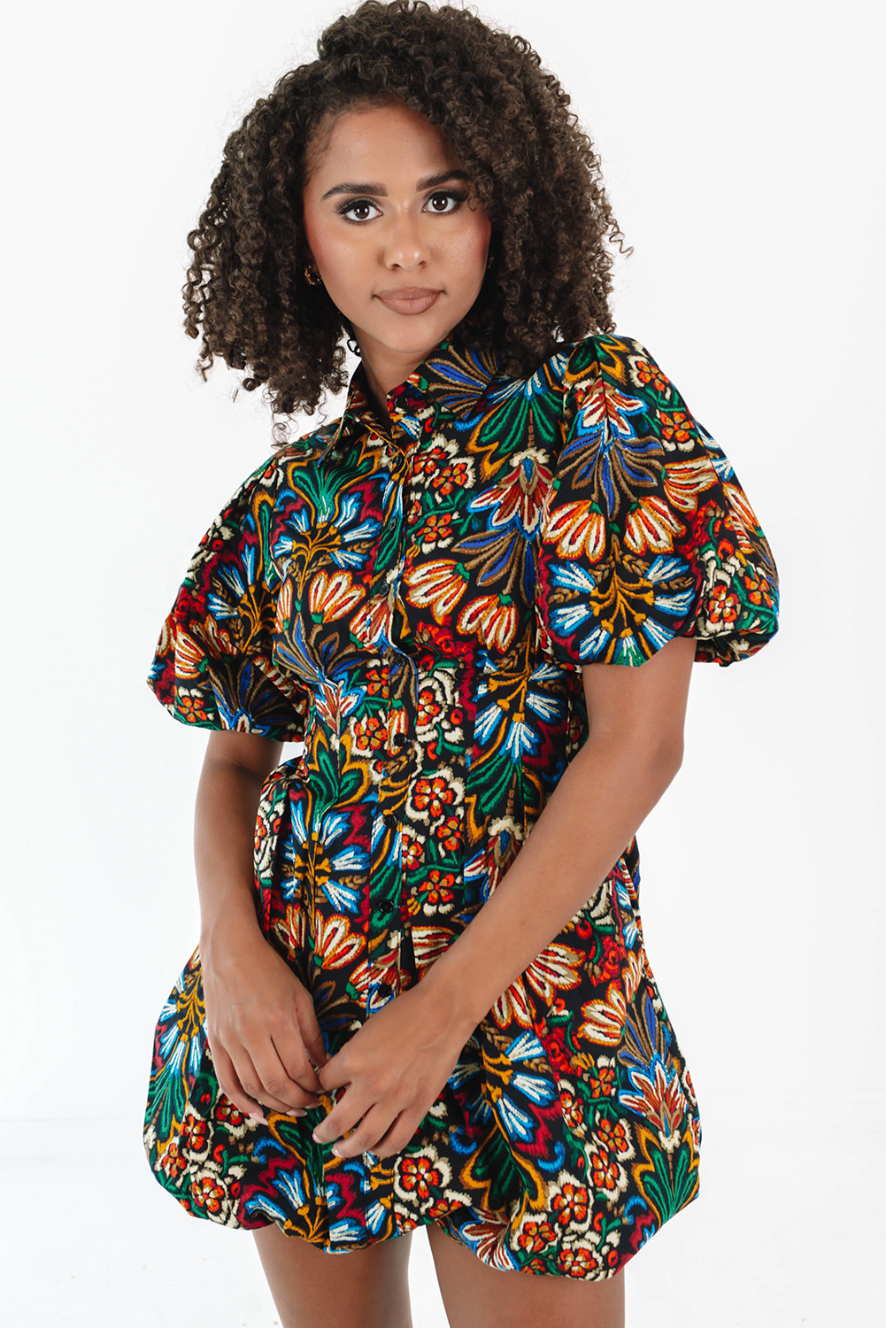 Multicolour Floral Puff Short Sleeve Shirt Mini Dress - Image 3