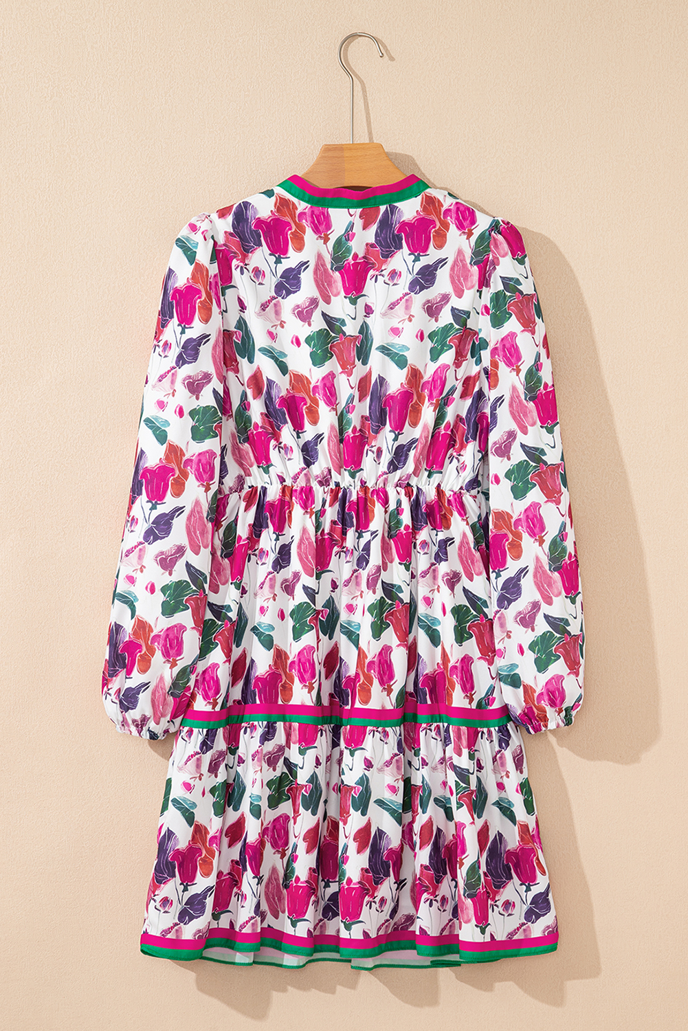 Purple Floral Print Contrast Striped Detail Long Sleeve Mini Dress - Image 8