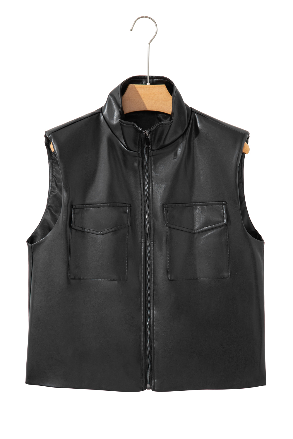 Black Double Flap Pocket Faux Leather Zip Up Stand Neck Vest - Image 4