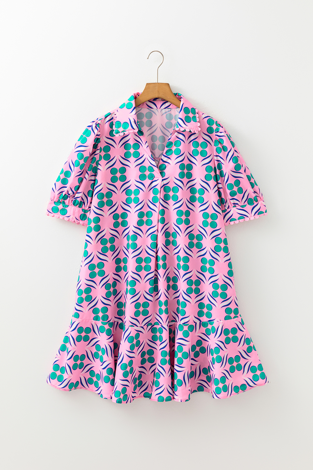 Pink Geometric Floral Print V Neck Ricrac Trim Short Sleeve Mini Dress - Image 8