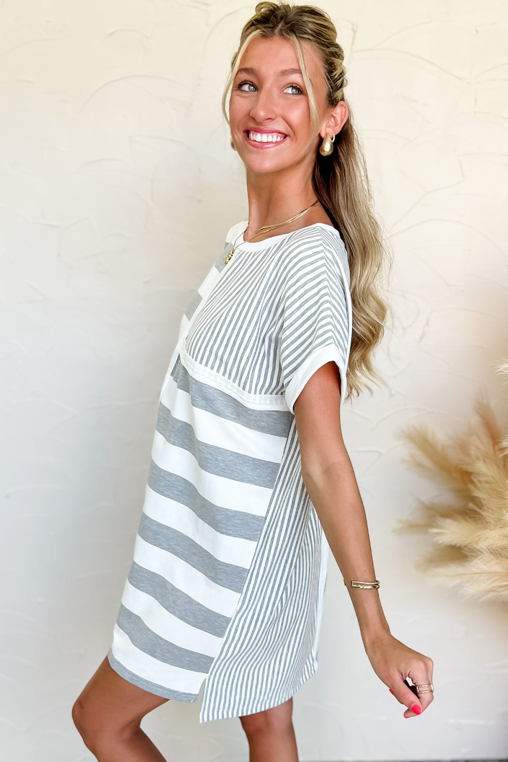 Gray Stripe Mixed Printed Short Sleeve Shift Mini T Shirt Dress - Image 3