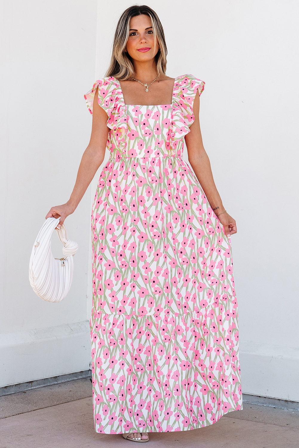 Pink Floral Print Square Neck Ruffled Strap Maxi Dress - Image 5