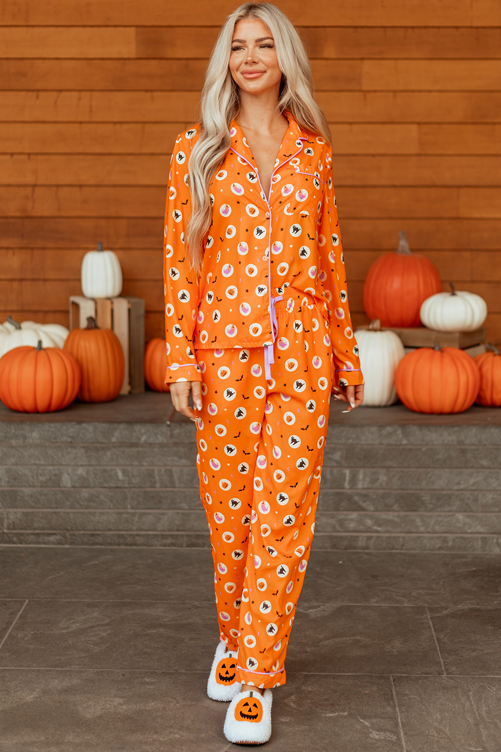 Orange Halloween Print Lapel Shirt Long 2pcs Pajama Set - Image 5