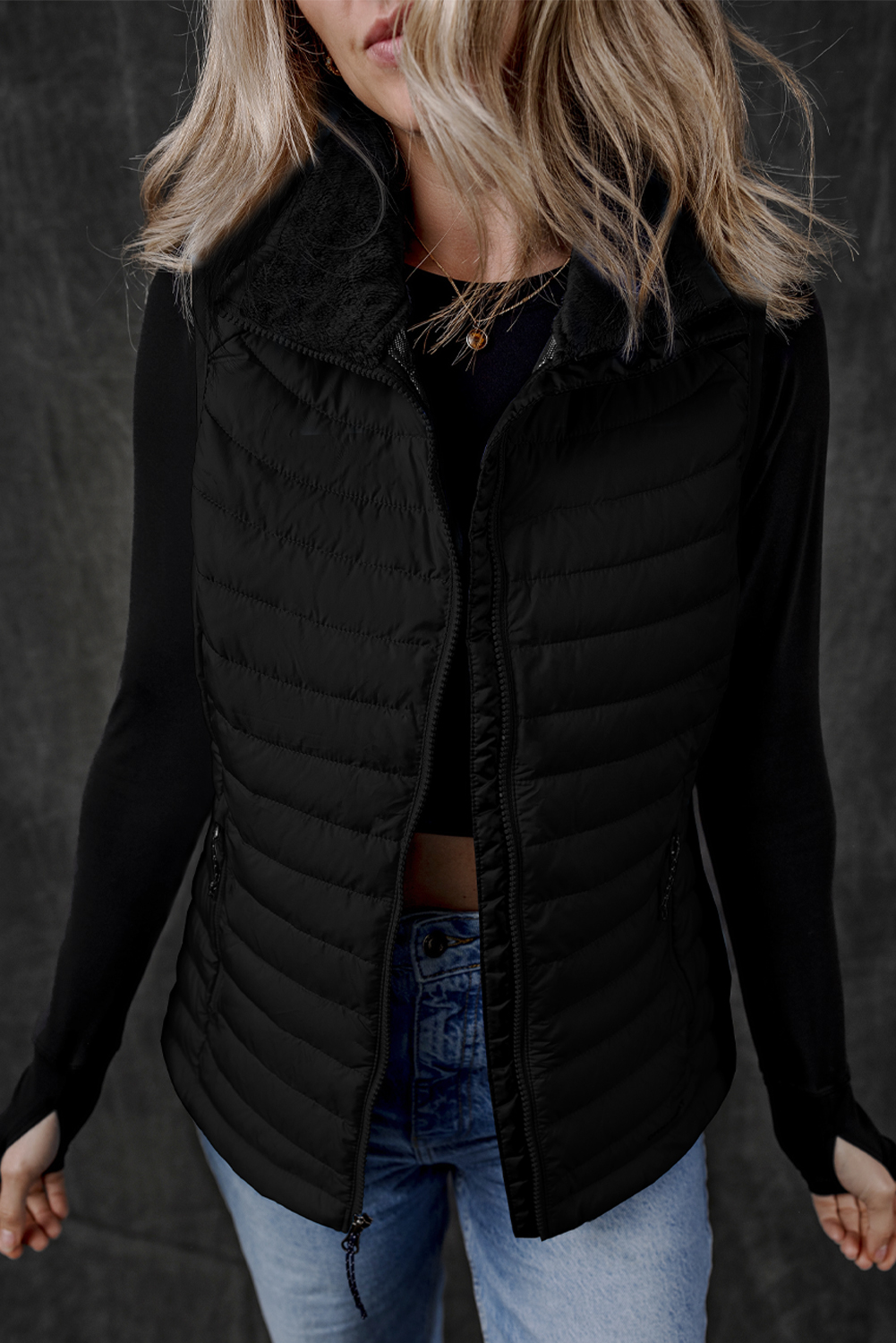 Black Plush Collared Quilted Zipped Puffer Vest - Image 8