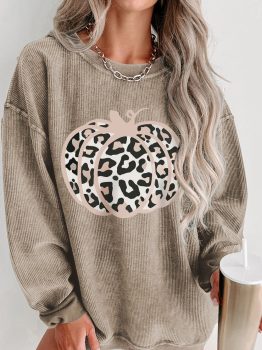 Khaki Leopard Halloween Pumpkin Graphic Corded Sweatshirt