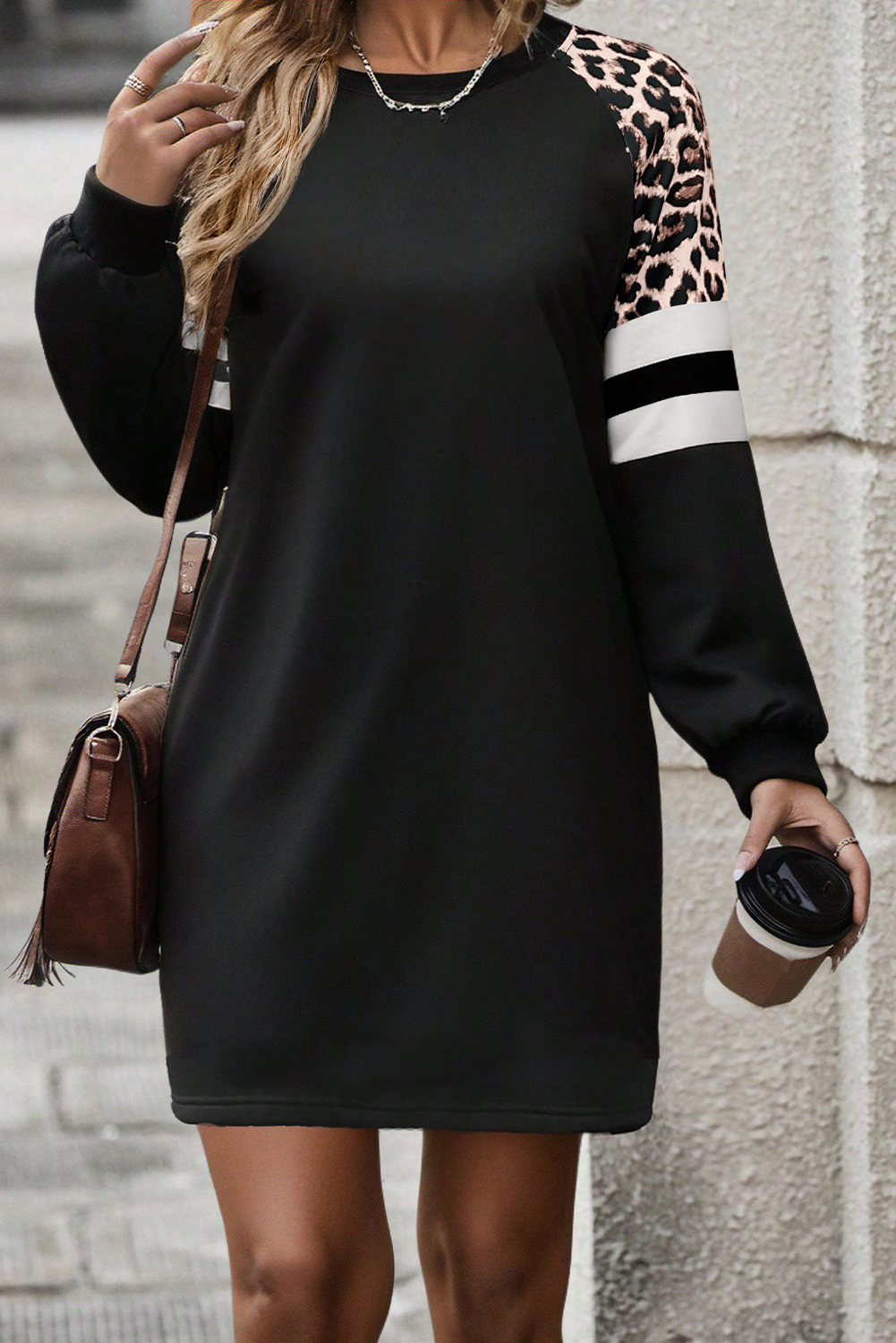 Black Leopard Print Patchwork Varsity Raglan Sleeve Sweatshirt Dress - Image 3