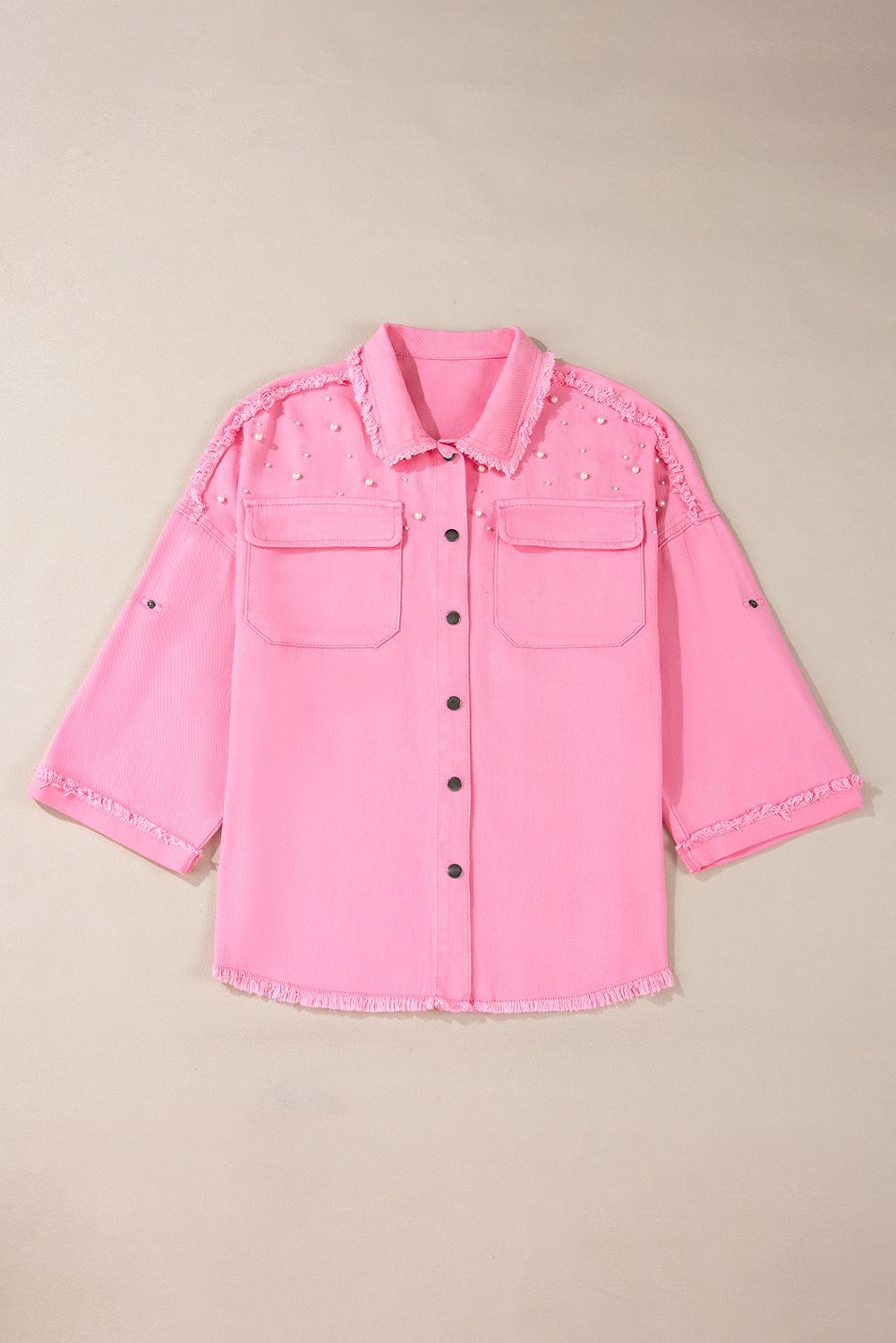 Bonbon Pearl Beaded Raw Hem Button Up Denim Jacket - Image 6