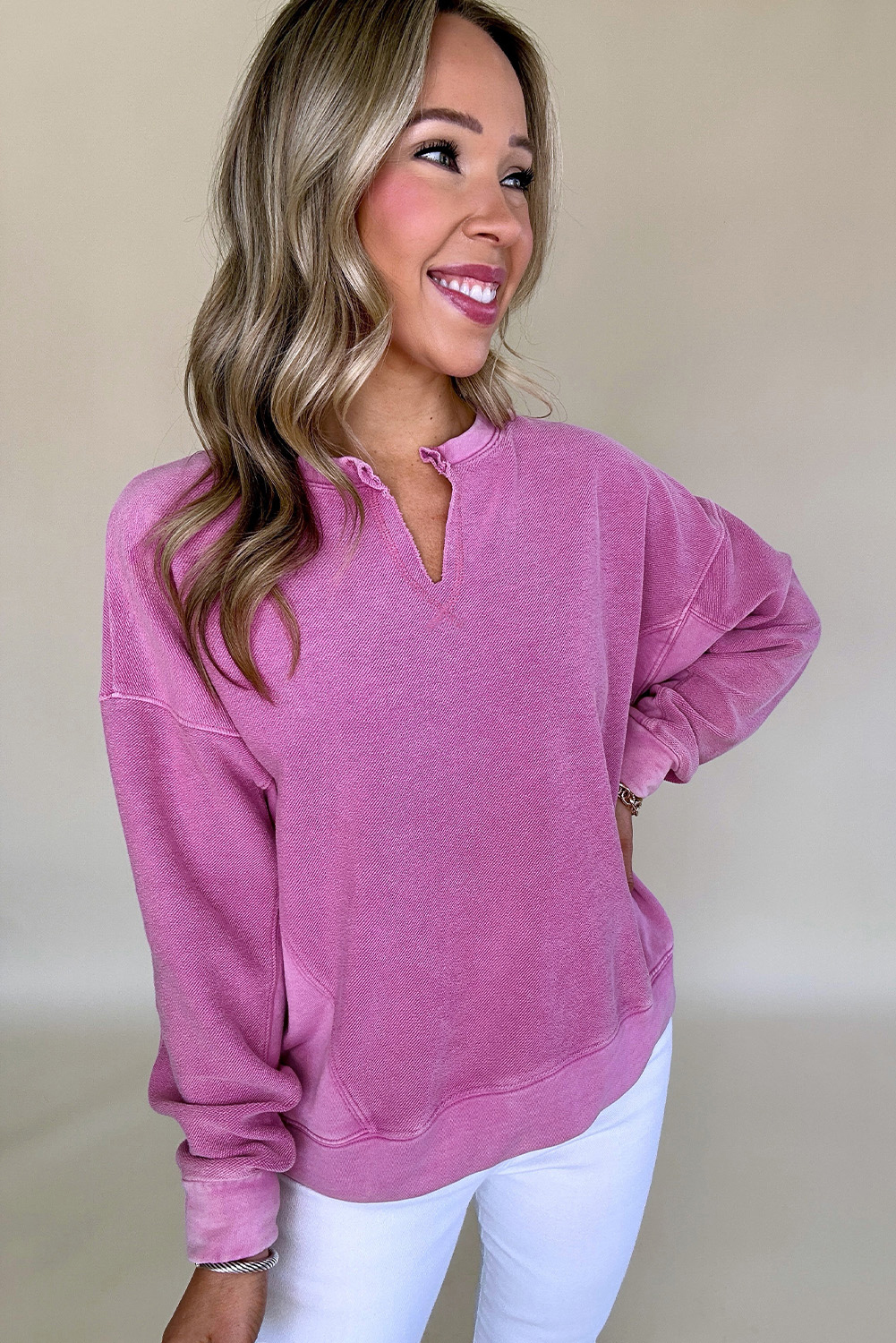 Bright Pink Solid Color Notched Neck Drop Shoulder Sweatshirt - Image 4
