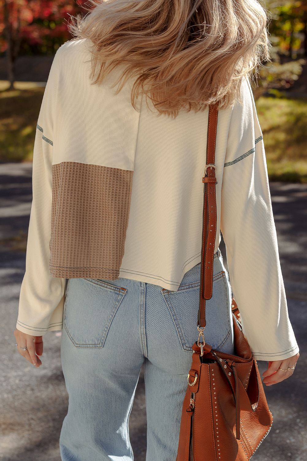 Beige Color Block Waffle Knit Stitch Detail Long Sleeve Top - Image 2
