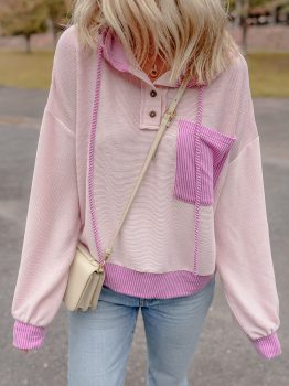 Light Pink Corded Colorblock Patch Pocket Drawstring Hooded Top