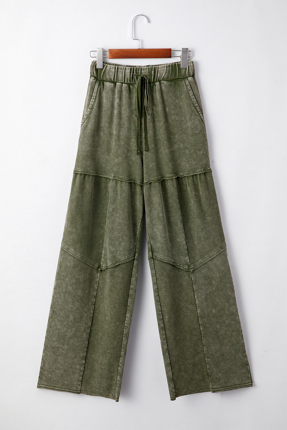 Vineyard Green Mineral Wash Tiered Wide Leg Patchwork Drawstring Pants - Image 6