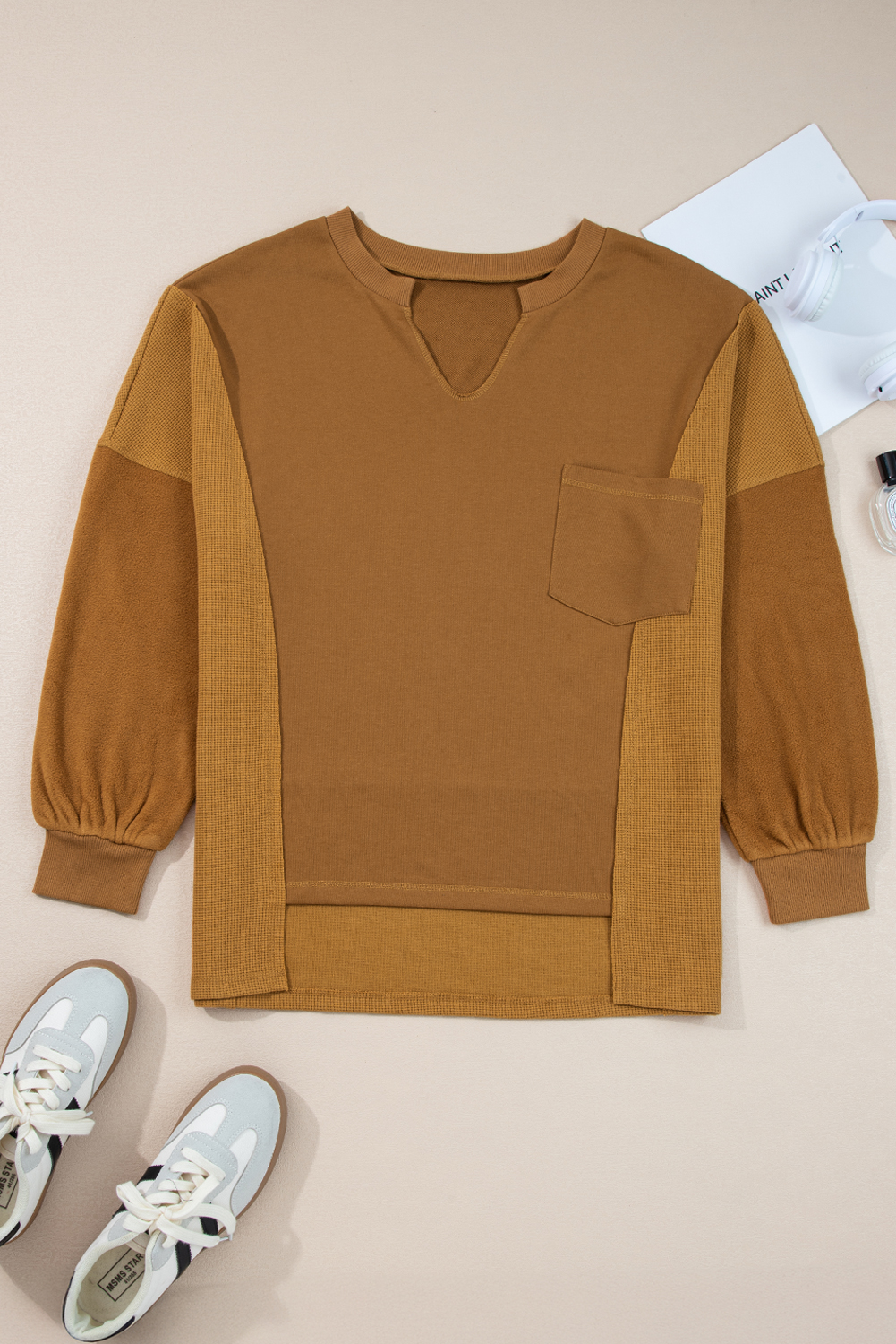 Multicolor Oversized Mixed Textured Split Neck High Low Patchwork Sweatshirt - Image 3