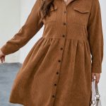 Camel Corduroy Full Buttoned Collared Shirt Style Plus Size Dress