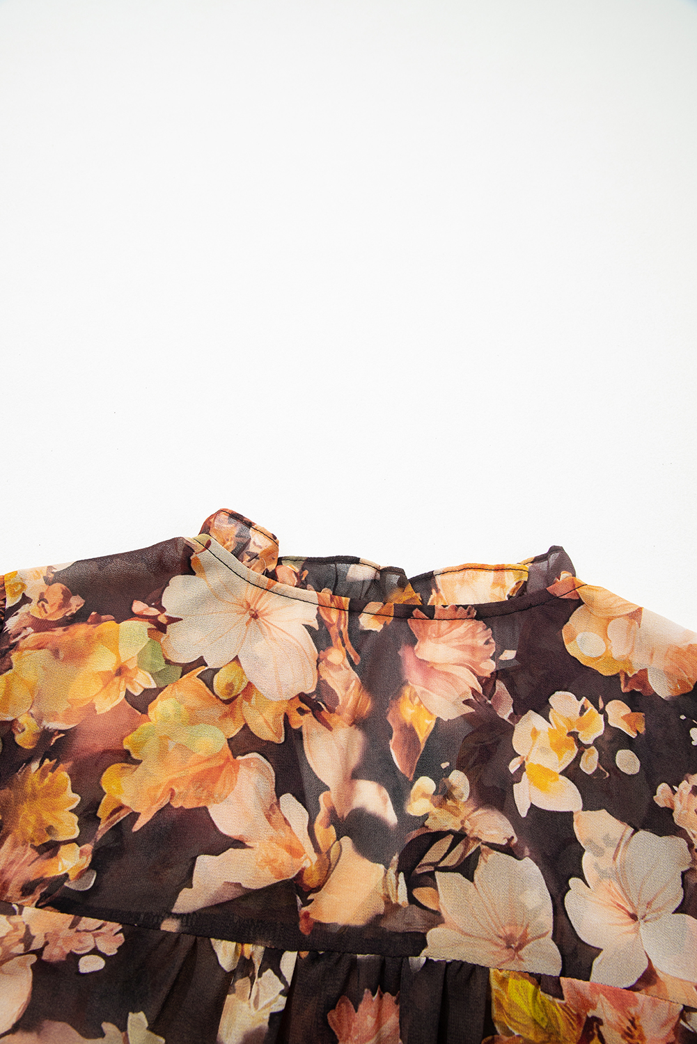 Black Floral V Neck Long Puff Sleeve Breezy Blouse - Image 8