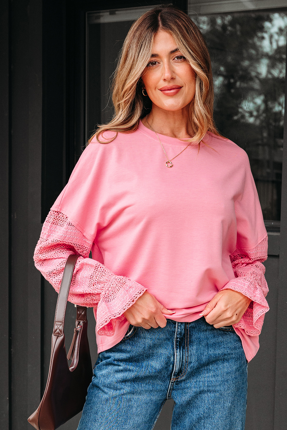 Sachet Pink Drop Shoulder Lace Ruffled Sleeve Patchwork Loose Sweatshirt - Image 4