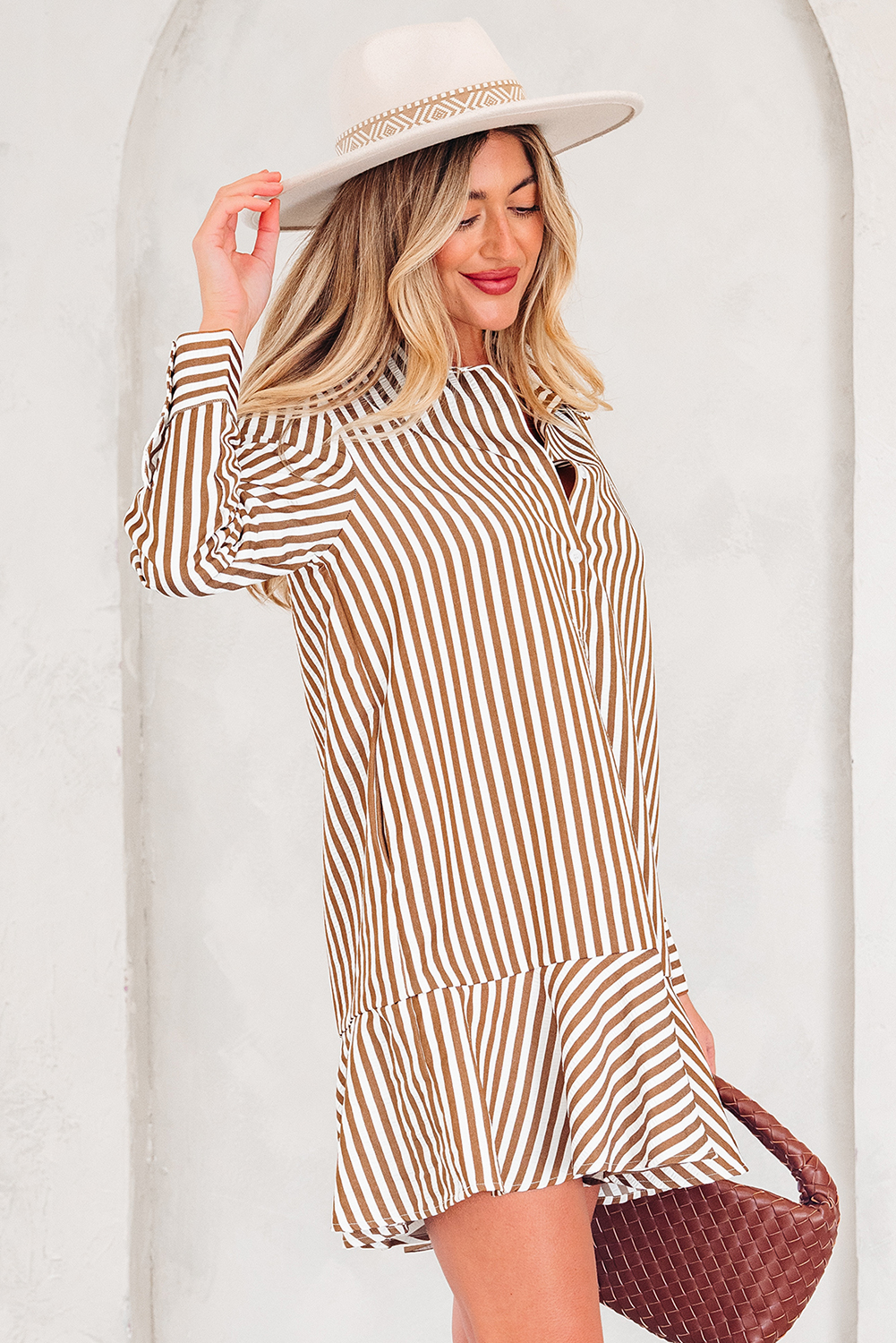 Brown Stripe Ruffled Hem Collared Long Sleeve Shirt Mini Dress - Image 4