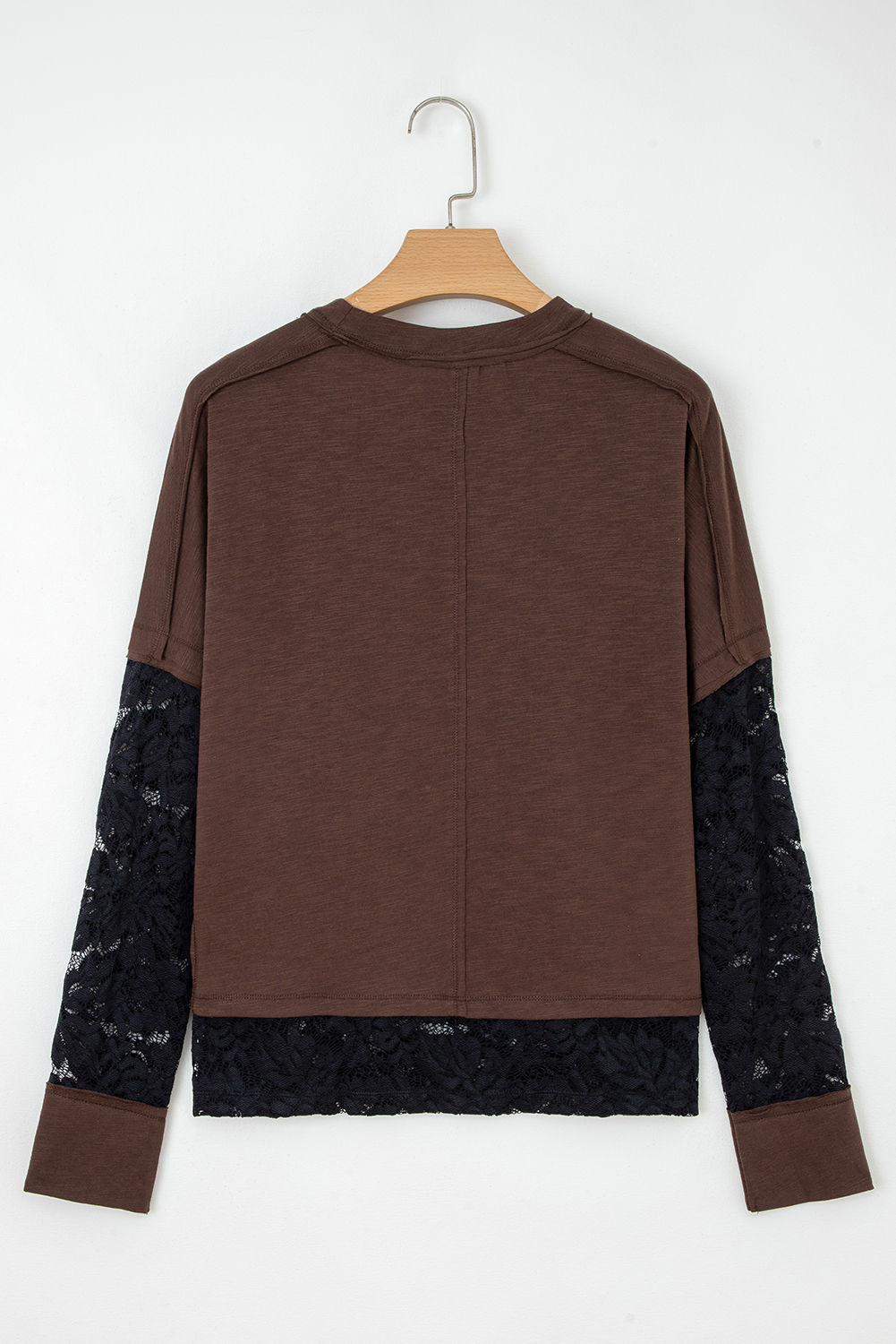 Dark Brown Sheer Lace Patchwork Casual Long Sleeve Tee - Image 4