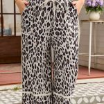 Khaki Exposed Seam Patched Pocket Plus Size Drawstring Leopard Wide Leg Pants