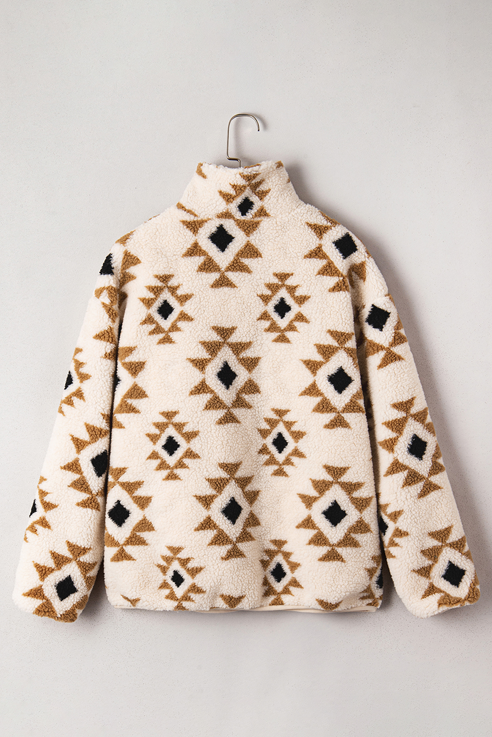 Khaki Aztec Print Sherpa Quarter Zip Collar Sweatshirt - Image 2