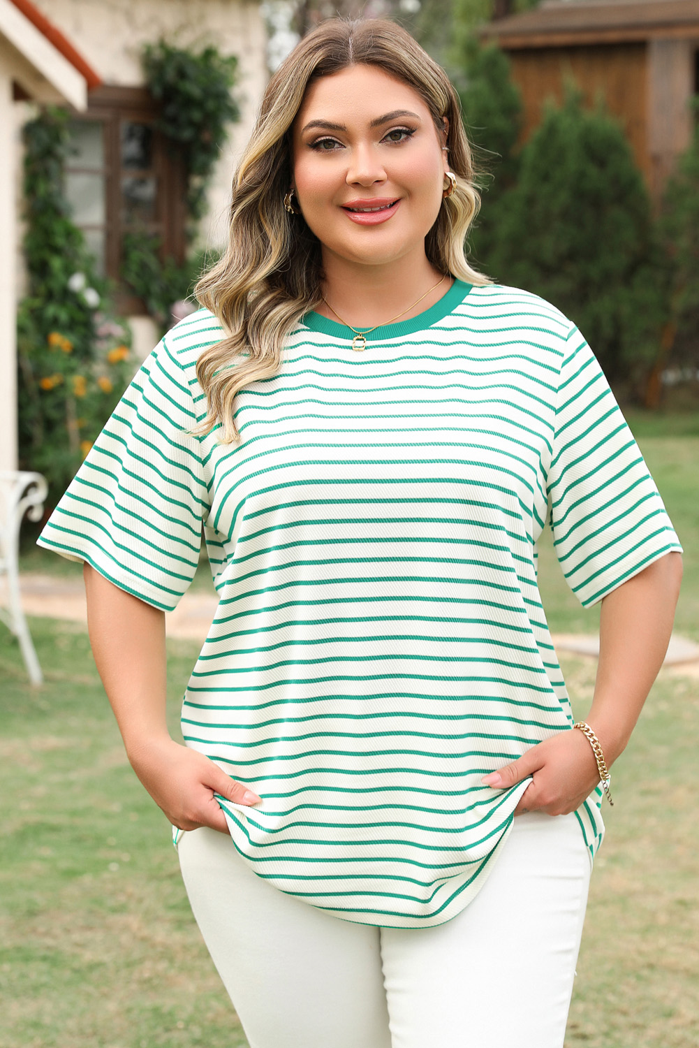 Green Stripe Plus Size St Patricks Day Round Neck T Shirt - Image 4