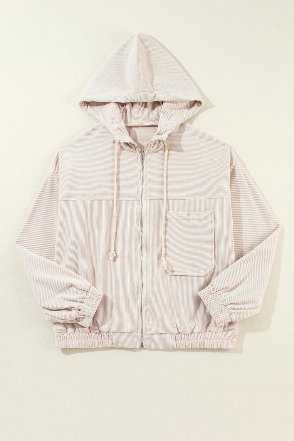 White Corduroy Drawstring Hooded Pocket Zip Up Jacket - Image 8