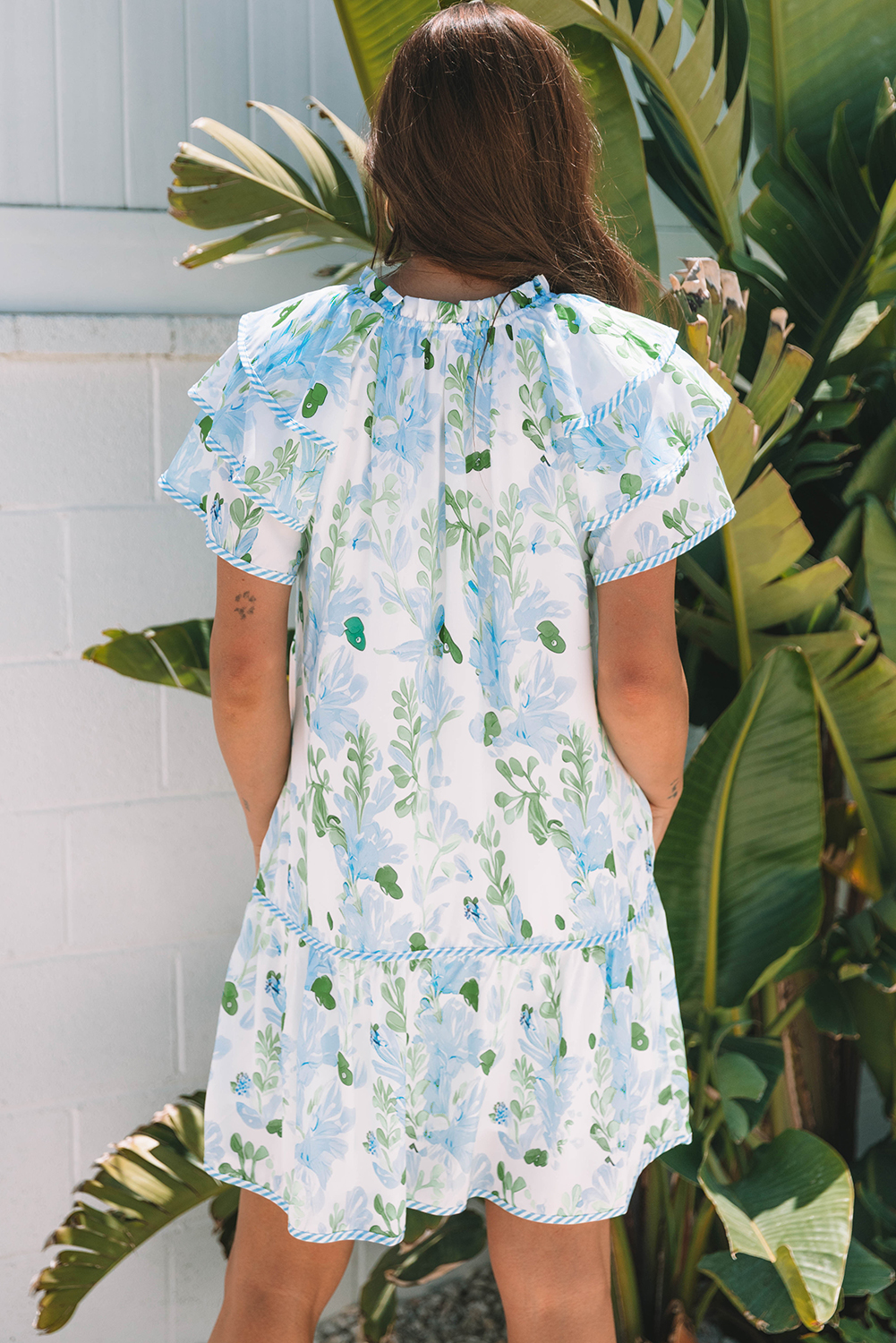 Sky Blue Floral Contrast Edge Layered Short Sleeve Mini Dress - Image 4